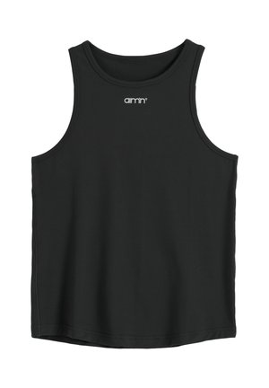 Schwarzes ärmelloses sportliches Tanktop mit rundem Ausschnitt und kleinem weißem „aimn“-Logo mittig unterhalb des Kragens.
