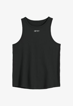 Schwarzes ärmelloses sportliches Tanktop mit rundem Ausschnitt und kleinem weißem „aimn“-Logo mittig unterhalb des Kragens.