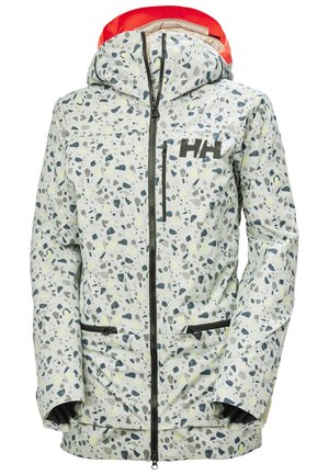 Leichte, wasserdichte Jacke in Weiß mit gesprenkelten grauen und blauen Mustern. Verfügt über eine Kapuze, einen Frontreißverschluss und zwei Reißverschlusstaschen.