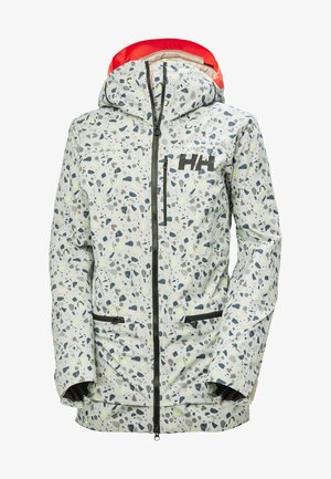 Leichte, wasserdichte Jacke in Weiß mit gesprenkelten grauen und blauen Mustern. Verfügt über eine Kapuze, einen Frontreißverschluss und zwei Reißverschlusstaschen.