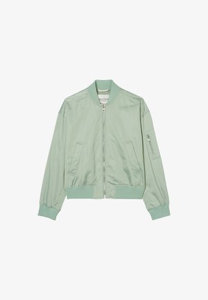 Lichtgroene bomberjack van glanzend materiaal, met ribgebreide manchetten en zoom, voorzakken en een met rits afsluitbare mouwzak.