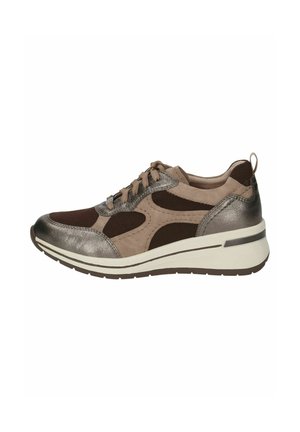 Brown and gray mixed-material sneaker with mesh panels, lace-up design, a padded collar, and a white, textured sole for traction.
