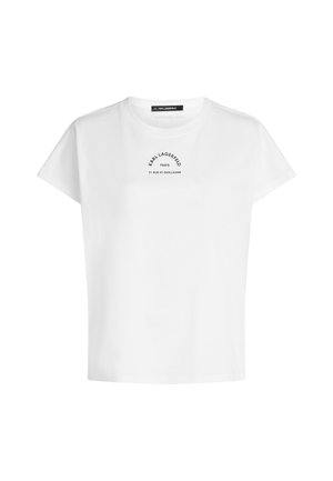 Bílé krátké tričko s krátkým rukávem a kulatým výstřihem, na přední straně s černým nápisem "KARL LAGERFELD PARIS 21 RUE ST-GUILLAUME".