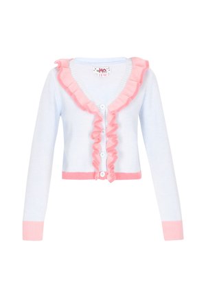 Hellblauer Cardigan mit pinken Rüschendetails am Kragen und an der Vorderseite. Mit langen Ärmeln, fünf weißen Knöpfen und einem gerippten Saum.