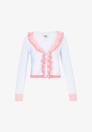 Hellblauer Cardigan mit pinken Rüschendetails am Kragen und an der Vorderseite. Mit langen Ärmeln, fünf weißen Knöpfen und einem gerippten Saum.