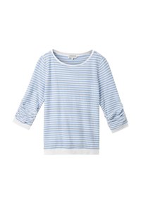 Pull-over rayé bleu clair et blanc avec des manches 3/4, détails froncés sur les manches, et un col rond avec une bordure blanche. Tissu doux.