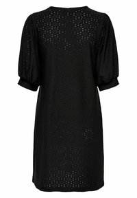 Robe noire longueur genou avec manches courtes bouffantes, encolure ronde et tissu à œillets créant un motif subtil à pois sur toute la surface.