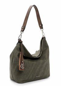 Olivegrüne Stofftasche mit einer lässigen Form, braunem Lederträger und silbernen Metallteilen. Verfügt über einen Quaste-Akzent und einen Reißverschluss.
