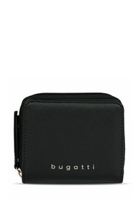 Black zippered wallet made of textured material, featuring a metal logo emblem, compact rectangular shape, with a smooth finish.