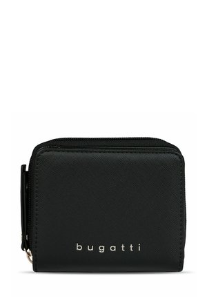 Black zippered wallet made of textured material, featuring a metal logo emblem, compact rectangular shape, with a smooth finish.