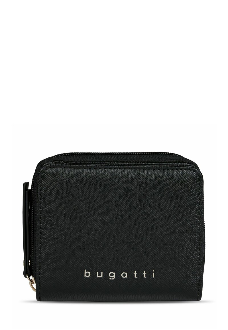 Black zippered wallet made of textured material, featuring a metal logo emblem, compact rectangular shape, with a smooth finish.