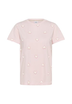 Svetlo roza bombažna majica s kratkimi rokavi, z vzorcem ponavljajočih se majhnih rdečih src, obrobljenih, po celotni tkanini.