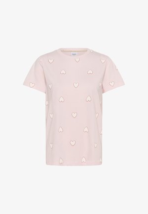 Gaiši rozā kokvilnas T-krekls ar īsām piedurknēm, uz auduma atkārtota nelielu, sarkanu sirds kontūru raksts.