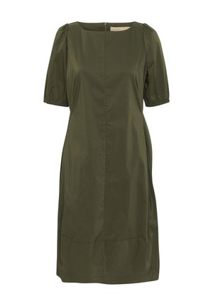 Rochie verde măsliniu dintr-un material neted, cu mâneci bufante scurte, croială dreaptă și fermoar ascuns la spate.