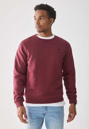 Man in een bordeauxrode sweatshirt over een wit shirt en lichtblauwe jeans, die iets naar links kijkt tegen een effen achtergrond.
