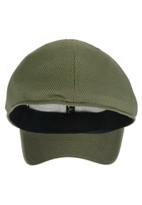 Olivgrüner Hut mit einem strukturierten Netz-Oberteil und festem Schirm, ausgestattet mit einem schwarzen Innenfutter und dezenten Nähakzenten.