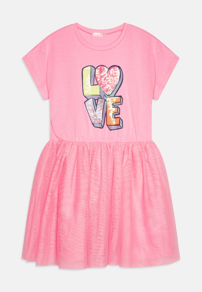 Pink cotton dress with short sleeves, featuring a sequin "LOVE" graphic. The skirt is made of layered sheer tulle with a textured, soft finish.