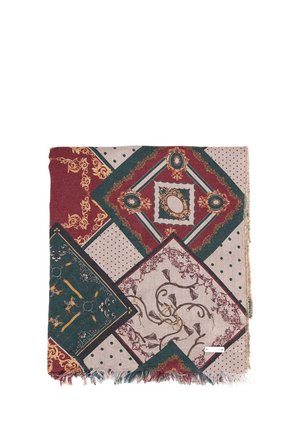 Sciarpa piegata con un design a motivi che presenta forme geometriche, motivi floreali e dettagli ornamentali in tonalità rosse, verdi, beige e oro.
