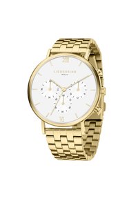 Gouden polshorloge met een ronde kast, witte wijzerplaat, drie subdial en Romeinse cijfermarkeringen. Metalen schakelband met een gepolijste afwerking.