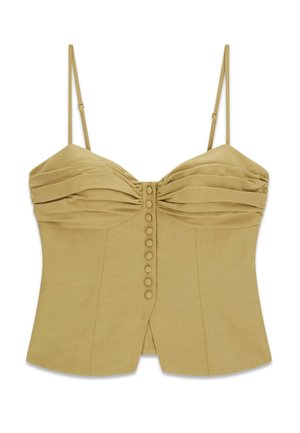 Haut corset beige sans bretelles avec fines bretelles réglables, boutons recouverts de tissu à l'avant et détails plissés au niveau de la poitrine.
