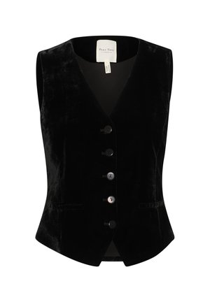 Zwarte fluwelen mouwloze vest met een V-hals, voorzien van zes ronde zwarte knopen aan de voorkant en twee zijzakken. Glad oppervlak.