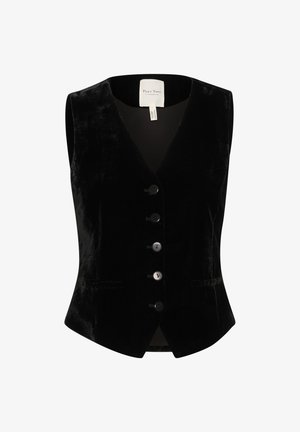 Zwarte fluwelen mouwloze vest met een V-hals, voorzien van zes ronde zwarte knopen aan de voorkant en twee zijzakken. Glad oppervlak.