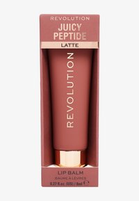 Le baume à lèvres Juicy Peptide de Revolution dans un tube mat mauve avec des lettres dorées, emballé dans une boîte assortie, a une capacité de 8 ml.