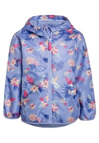 Dziecięca kurtka przeciwdeszczowa z kapturem w jasnofioletowym kolorze, ozdobiona różowymi i kremowymi wzorami kwiatów oraz kolibrów, z zamkiem błyskawicznym z przodu i elastycznymi mankietami.