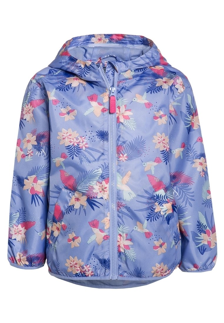 Dziecięca kurtka przeciwdeszczowa z kapturem w jasnofioletowym kolorze, ozdobiona różowymi i kremowymi wzorami kwiatów oraz kolibrów, z zamkiem błyskawicznym z przodu i elastycznymi mankietami.