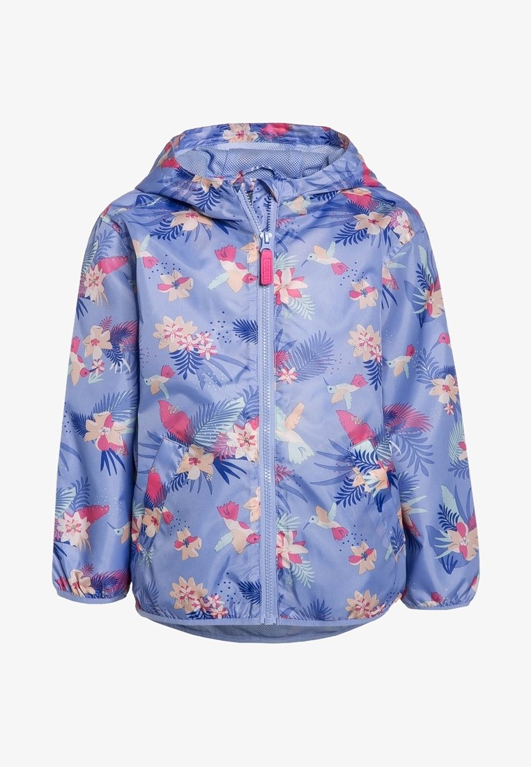 Dziecięca kurtka przeciwdeszczowa z kapturem w jasnofioletowym kolorze, ozdobiona różowymi i kremowymi wzorami kwiatów oraz kolibrów, z zamkiem błyskawicznym z przodu i elastycznymi mankietami.