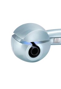 Lichtzilver cilindrisch apparaat met een afgeronde bovenkant, heeft een zwart ronde opening en een blauwe LED-indicator, met een gestructureerde afwerking.