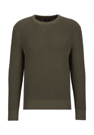 Olivgrüner Strickpullover mit Rundhalsausschnitt, langen Ärmeln und gerippten Bündchen sowie Saum, mit strukturiertem Waffelmuster.
