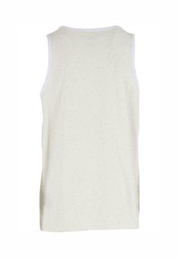 Ærmeløs tanktop i lys creme med en spraglet tekstur, rund halsudskæring og kontrastfarvede hvide ærmhuller. Bagfra.