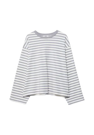 Langærmet, grå og hvide vandrette stribet trøje med rund halsudskæring, let kort pasform og løstsiddende ærmer.