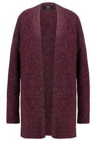 Burgundy stickad cardigan med öppen front, långa ärmar och en mjuk textur. Lättviktsväv av ullblandning med ett subtilt melerat mönster.