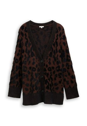 Bruine cardigan met luipaardprint, een V-hals, lange mouwen en zwarte knopen. Gemaakt van een zachte, getextureerde stof. Contrasterende geribbelde zoom.