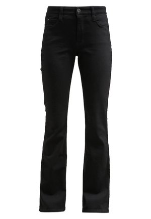 Black flared jeans with a smooth texture, five-pocket design, and metal button closure. Made from stretch denim for comfort and fit.