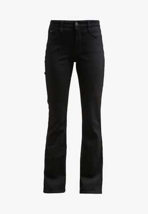 Schwarze, weit geschnittene Jeans mit glatter Textur, Fünf-Taschen-Design und metallischem Knopfverschluss. Aus Stretch-Denim für Komfort und perfekte Passform gefertigt.