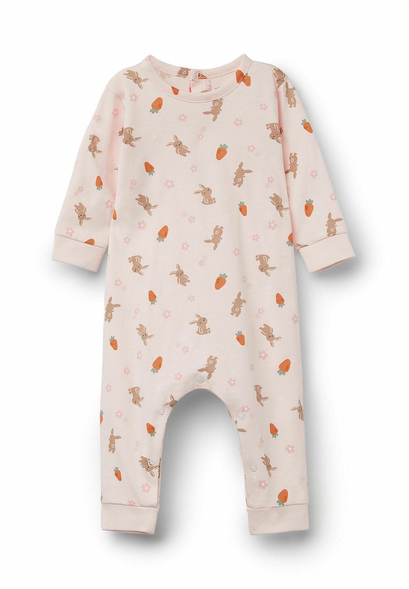 Světle růžový overal s dlouhým rukávem, s potiskem králíčk a mrkve, s patentkami ve spodní části a měkkým bavlněným materiálem pro pohodlí.