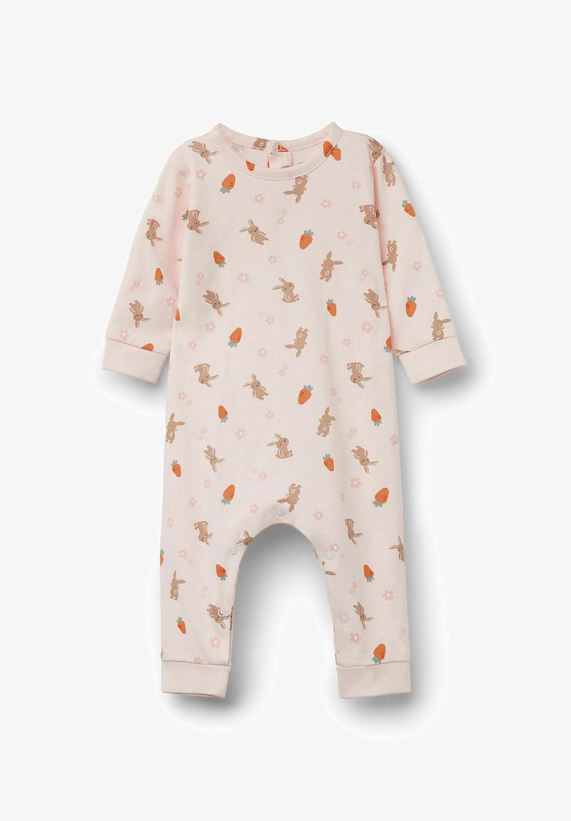 Světle růžový overal s dlouhým rukávem, s potiskem králíčk a mrkve, s patentkami ve spodní části a měkkým bavlněným materiálem pro pohodlí.