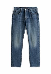 Blå denimjeans med et lige ben-design. Har slidte områder, fem lommer og synlig syning. Klassisk lukning med knap og lynlås.