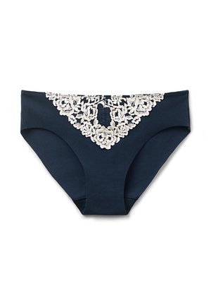 Sous-vêtement féminin bleu marine avec des découpes hautes aux jambes et un panneau en dentelle florale blanche au centre devant.