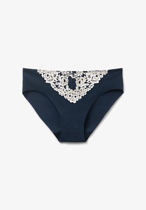 Sous-vêtement féminin bleu marine avec des découpes hautes aux jambes et un panneau en dentelle florale blanche au centre devant.