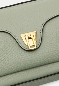 Jasnozielony portfel ze skóry z fakturą, z złotym trójkątnym zapięciem; ma czarne krawędzie i wytłoczone logo na zapięciu.