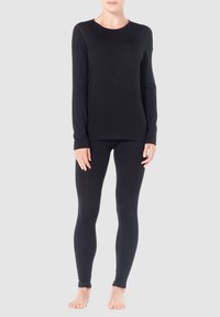 Black long-sleeve top with a round neck, paired with black leggings. Both made of smooth, stretchy fabric. No visible patterns or hardware.