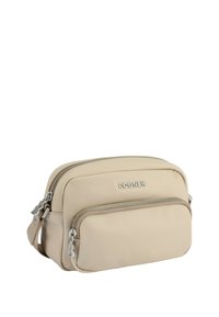 Borsa a tracolla beige con due scomparti con zip, finitura opaca liscia, elementi hardware in argento e logo in rilievo sul davanti.