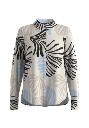 Button-up shirt in soft fabric with a light beige base, featuring abstract black and blue leaf patterns, a classic collar, and long sleeves.