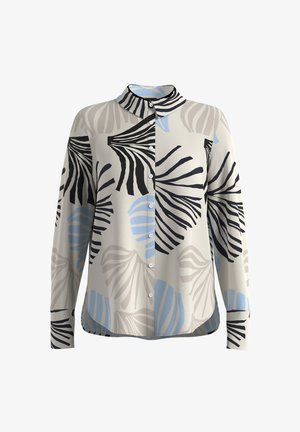 Koszula zapinana na guziki, wykonana z miękkiej tkaniny o jasnobeżowej bazie, z abstrakcyjnymi czarnymi i niebieskimi wzorami liści, klasycznym kołnierzem i długimi rękawami.