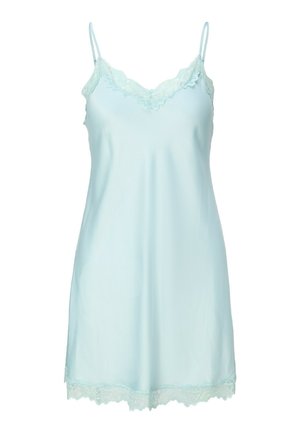 Lichtblauwe satijnen slipjurk met kanten afwerking aan de halslijn en zoom, voorzien van smalle verstelbare schouderbandjes.