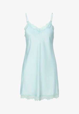 Lichtblauwe satijnen slipjurk met kanten afwerking aan de halslijn en zoom, voorzien van smalle verstelbare schouderbandjes.